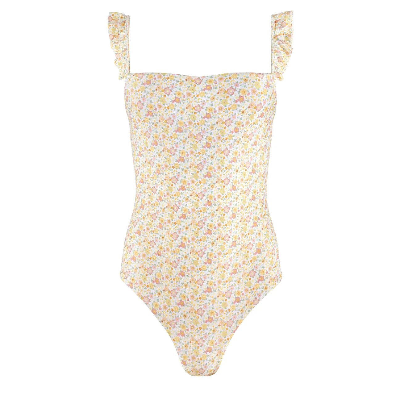 women's marigold floral low back ruffle one piece | Minnow