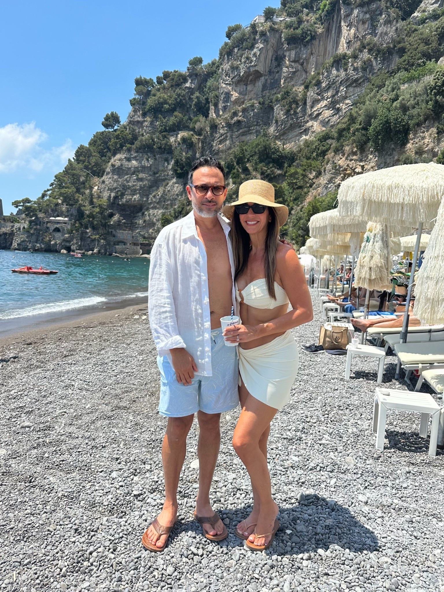 Beach Club Day in Positano, beach vacation, summer trip, white bikini, men’s swim