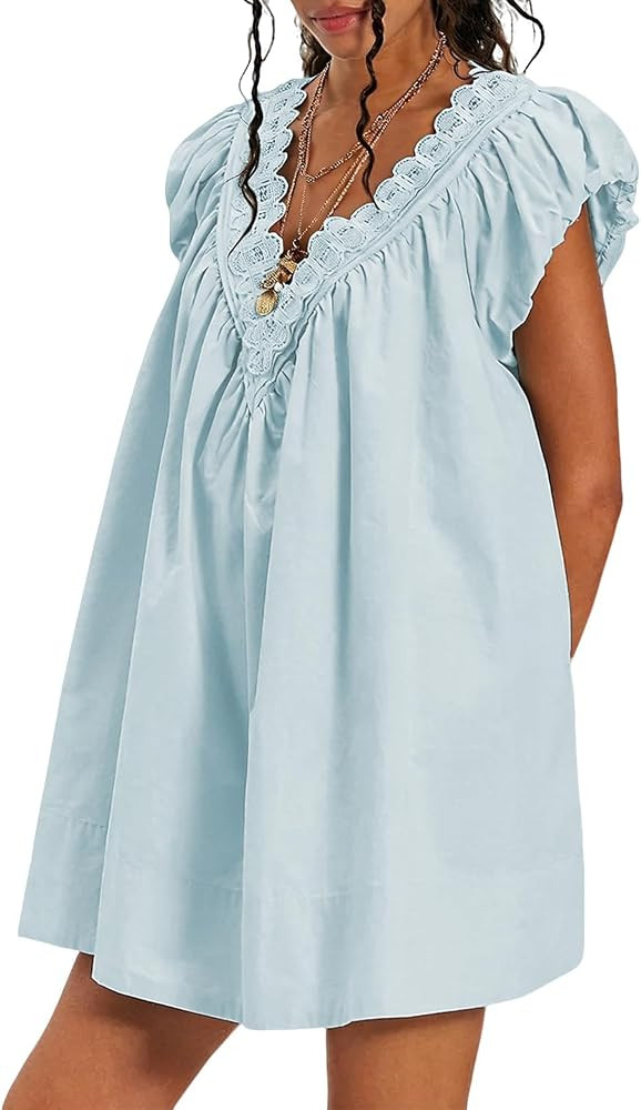 OWNGIGI Women's Summer Dresses 2026 V Neck Scalloped Trim Puff Sleeve A Line Casual Party Dress w... | Amazon (US)