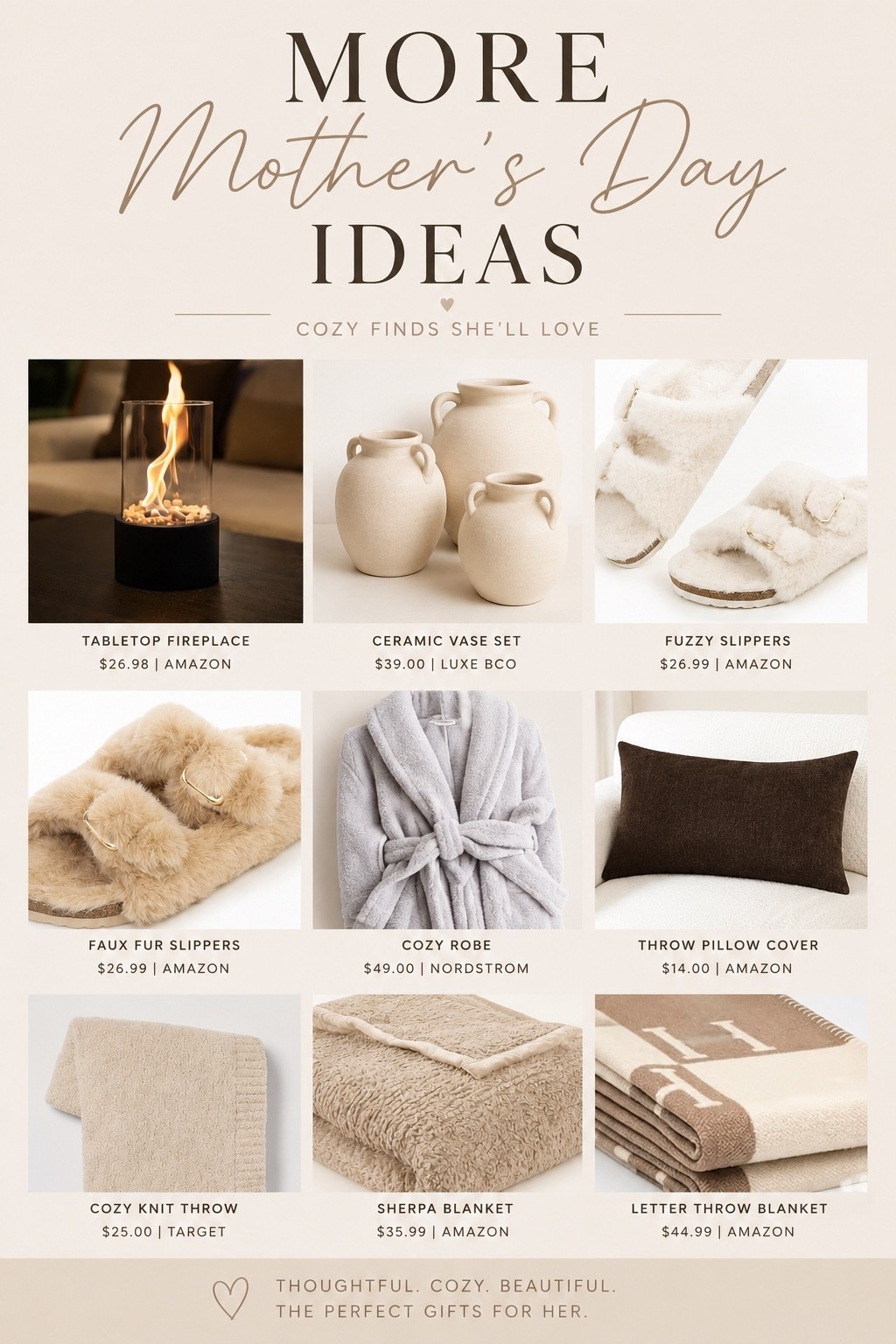 Cozy Mother’s Day Gift Ideas

If your love language is cozy gifts, these are such good last minute Mother’s Day finds. Neutral, comfy, and elevated pieces she’ll actually use — from cozy blankets and slippers to pretty home accents that make everyday life feel a little more luxurious. These all give that warm, relaxed, high-end feel without spending a fortune.

#LTKMothersDay #LTKselfcare #LTKmomlife