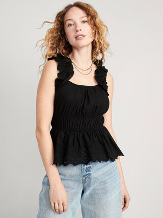 Sleeveless Waist-Defined Ruffle-Trimmed Embroidered Babydoll Blouse for Women | Old Navy (US)