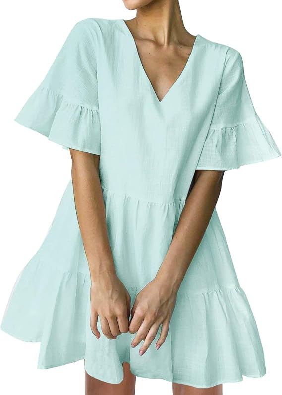 FANCYINN Cute Shift Tunic Dress Ruffle Swing Babydoll Juniors Mini Ruffle Dress with Pockets | Amazon (US)