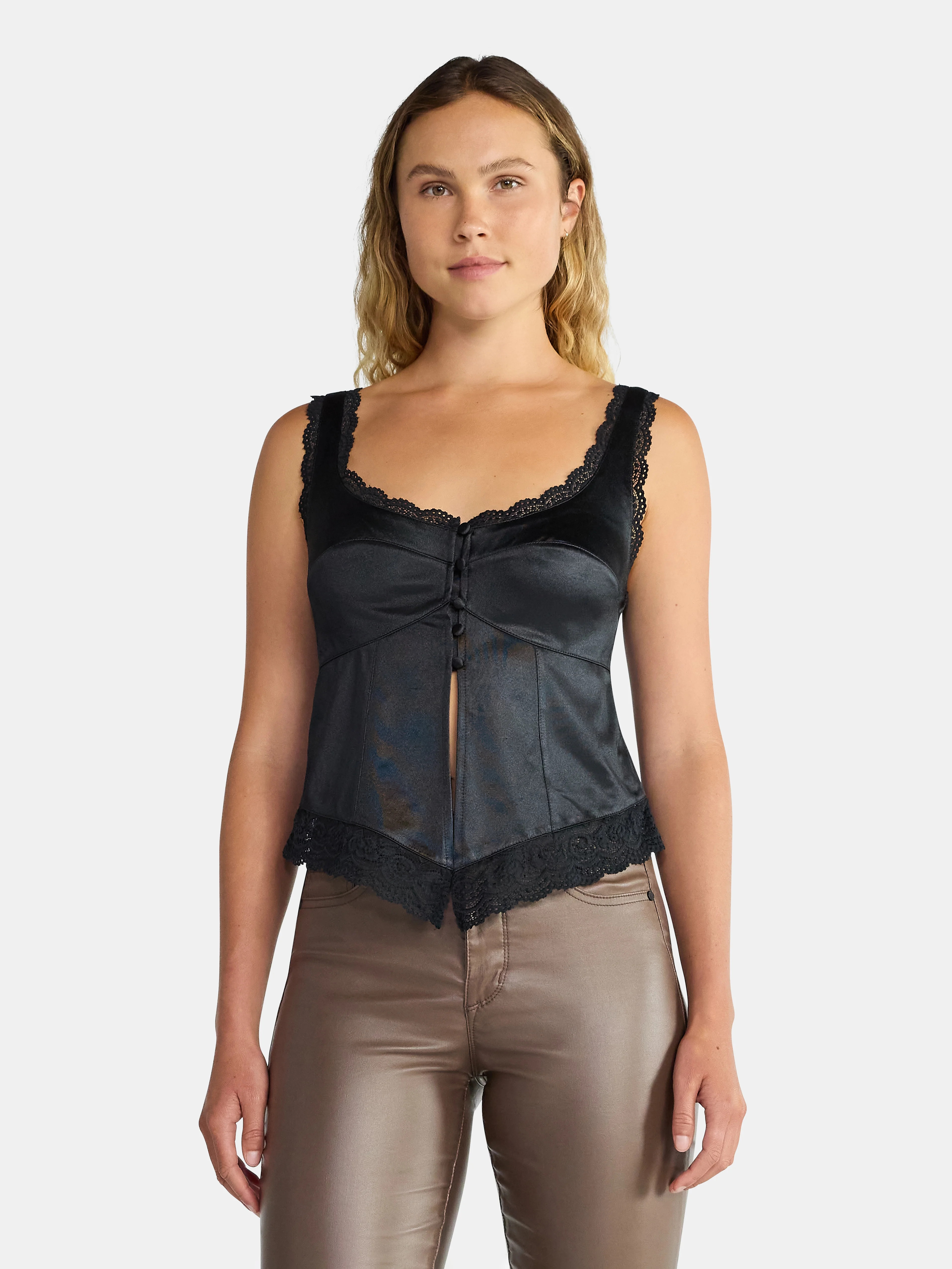 Madden NYC Women's Sleeveless Satin Flyaway Top with Lace Trim, Sizes XXS-XXL | Walmart (US)