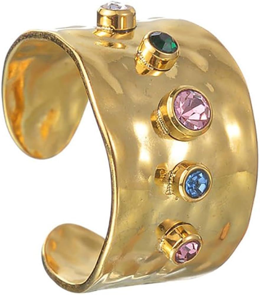 Colorful Crystal Ring for Women Girls Stainless Steel 18K Gold Plated Open Statement Rings Wide F... | Amazon (US)