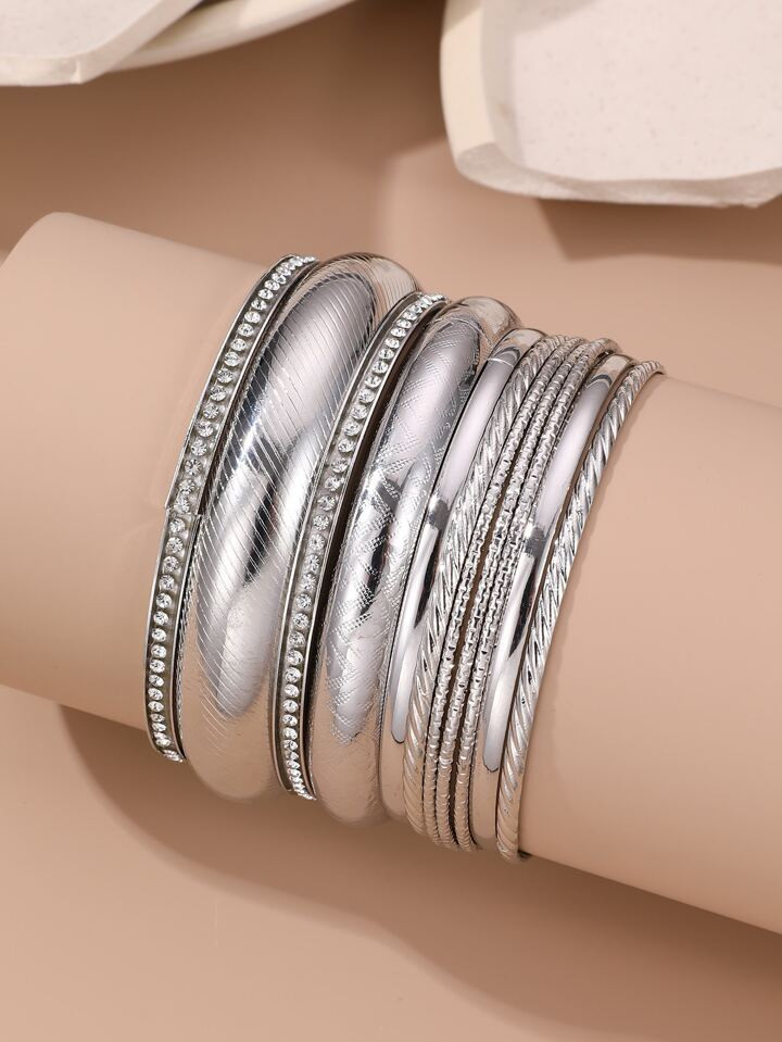 9pcs/set Stylish Textured Rhinestone Bangle Bracelets | SHEIN