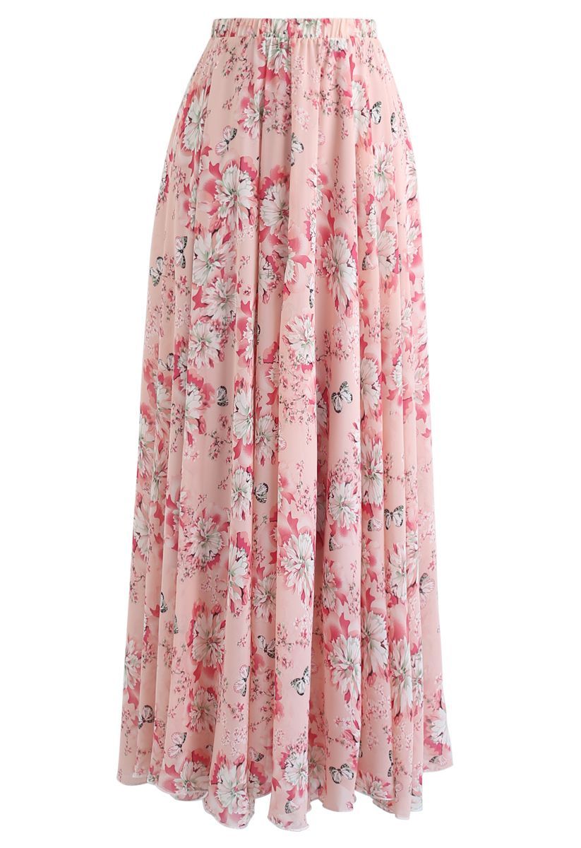 Butterfly and Floral Print Chiffon Maxi Skirt in Pink | Chicwish