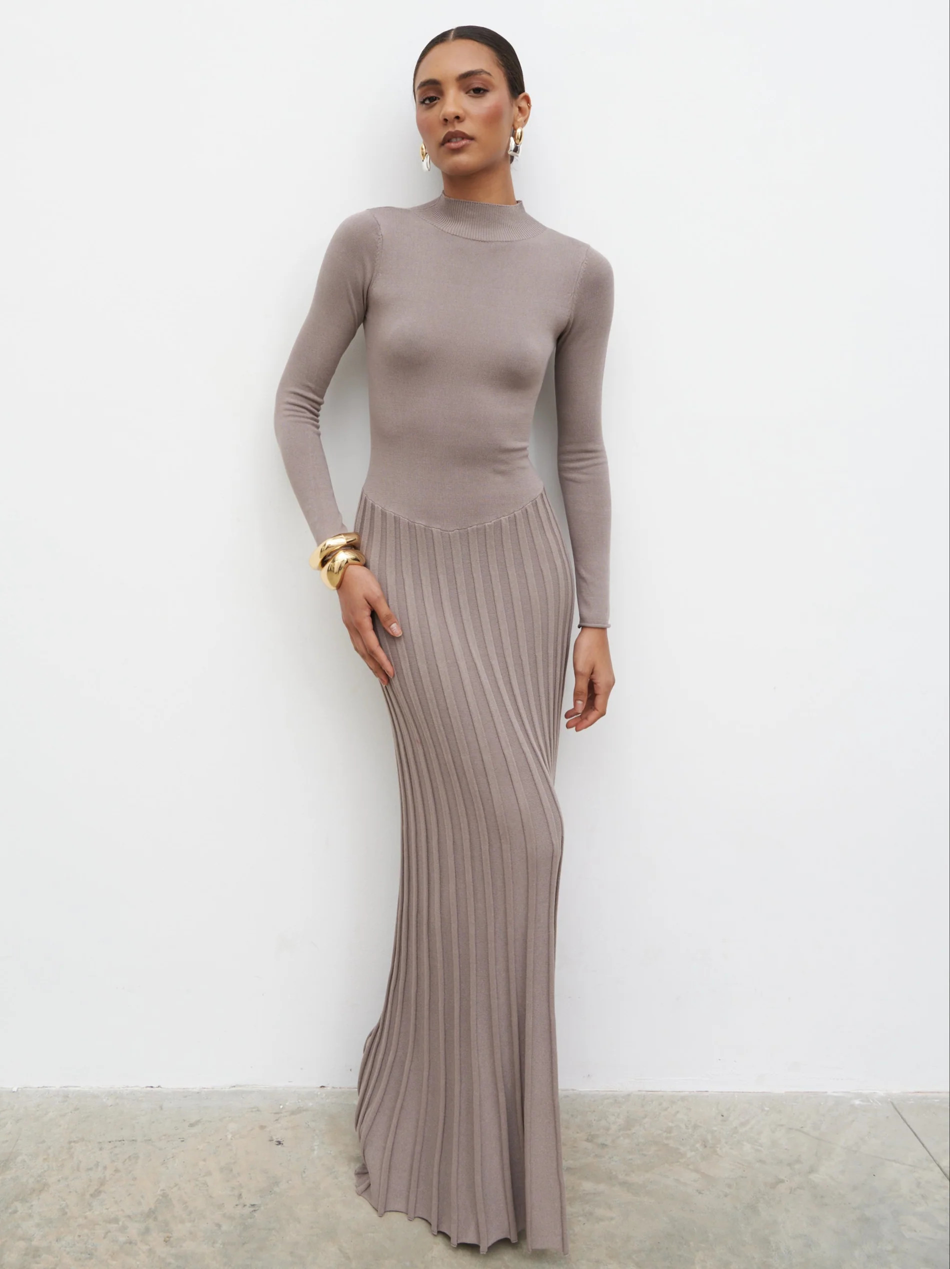 Gloria Fine Knit Pleated Maxi Dress - Dark Taupe | Pretty Lavish (UK)
