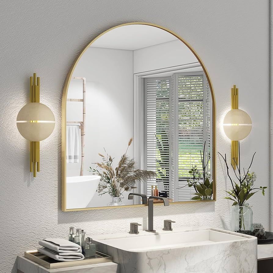 XRAMFY Arched Bathroom Mirror 32" x 34" for Bathroom Vanity Mirror or Wall Decor Gold Arch Mirror... | Amazon (US)