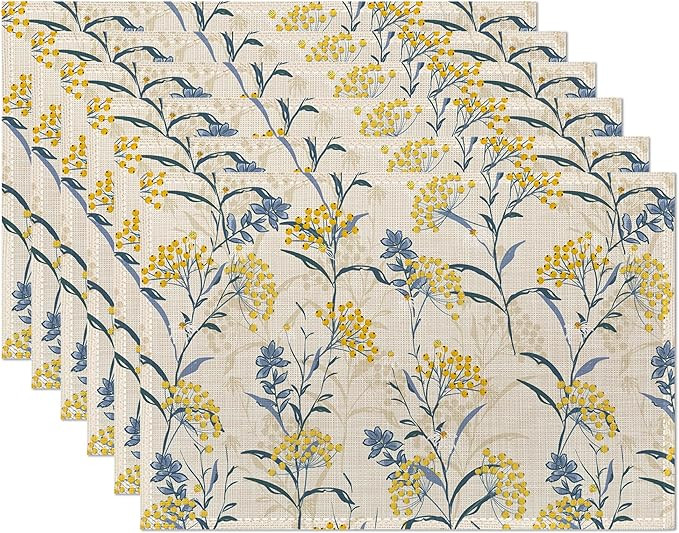 Vintage Floral Plant Placemats Set of 6,Yellow Blue Table Mats Non-Slip Heat Resistant Washable P... | Amazon (US)