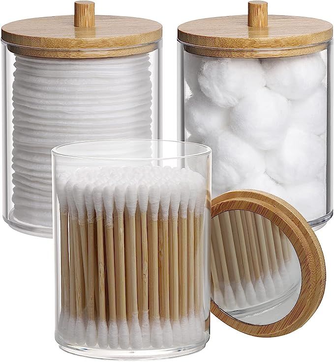 Tbestmax 10-Ounce Plastic Qtip Holder Apothecary Jars Bamboo Lids with Mirror, Cotton Ball Swab P... | Amazon (US)