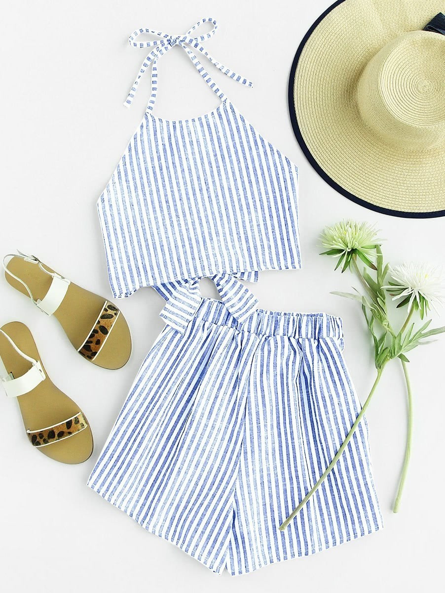 Striped Bow Tie Open Back Top With Shorts | SHEIN