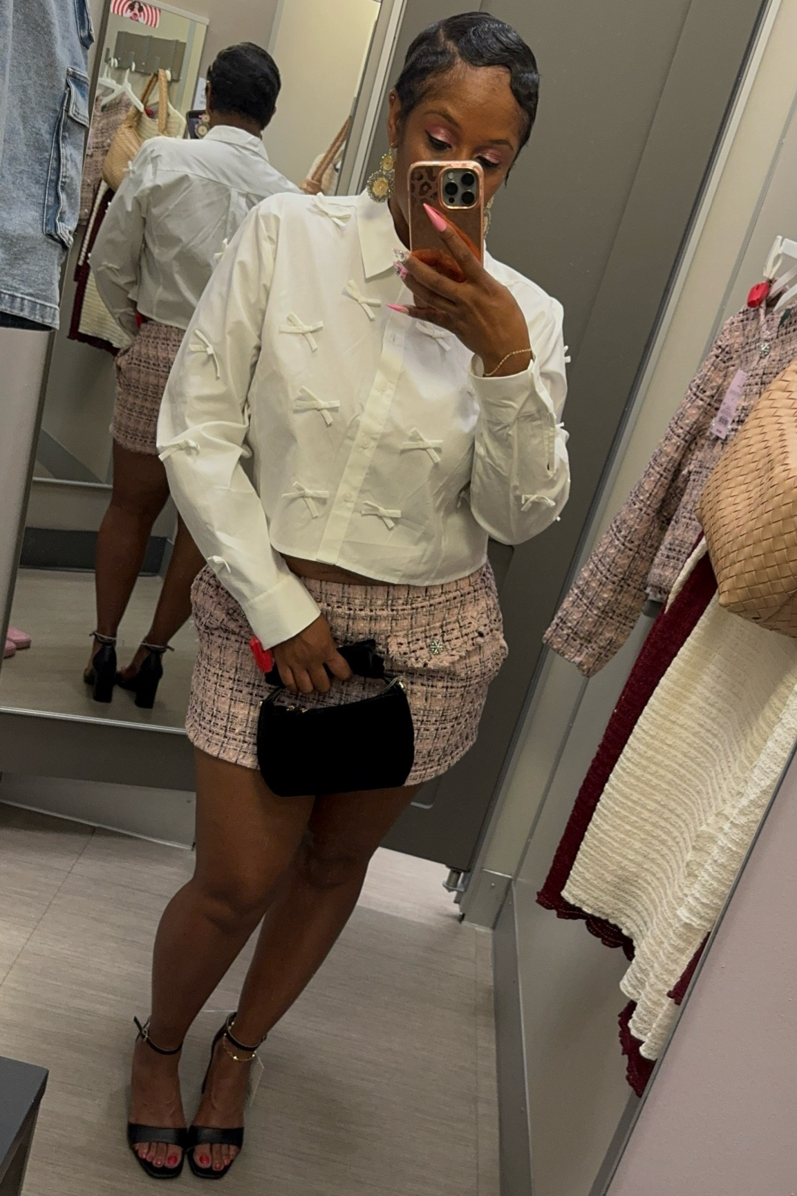 Channeling some sophisticated glam with this chic combo! 🤍💖 Loving the crisp white blouse with those delicate bow details, paired perfectly with a pink tweed mini for a touch of class and sass. Finished off with strappy heels and a cute mini bag for that polished yet playful vibe. Would you rock this look? #FallFashion #OOTD #ChicStyle #LTKCurves #TweedMoment

#LTKFindsUnder100 #LTKStyleTip #LTKFindsUnder50