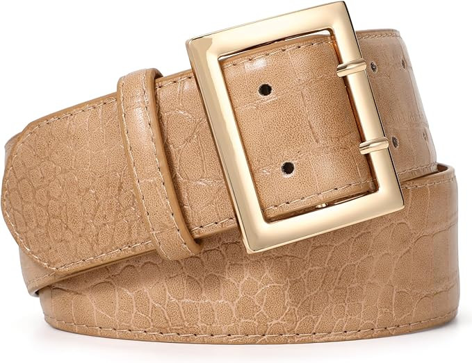 XZQTIVE Women Wide Leather Belts For Dress Chunky Waist Belts With Gold Double Prong Buckle | Amazon (US)