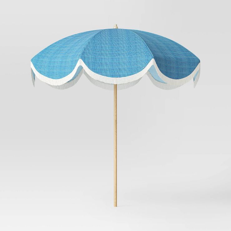 7.5'x7.5' Scalloped Patio Market Umbrella Teal - Light Wood Pole - Threshold™ | Target