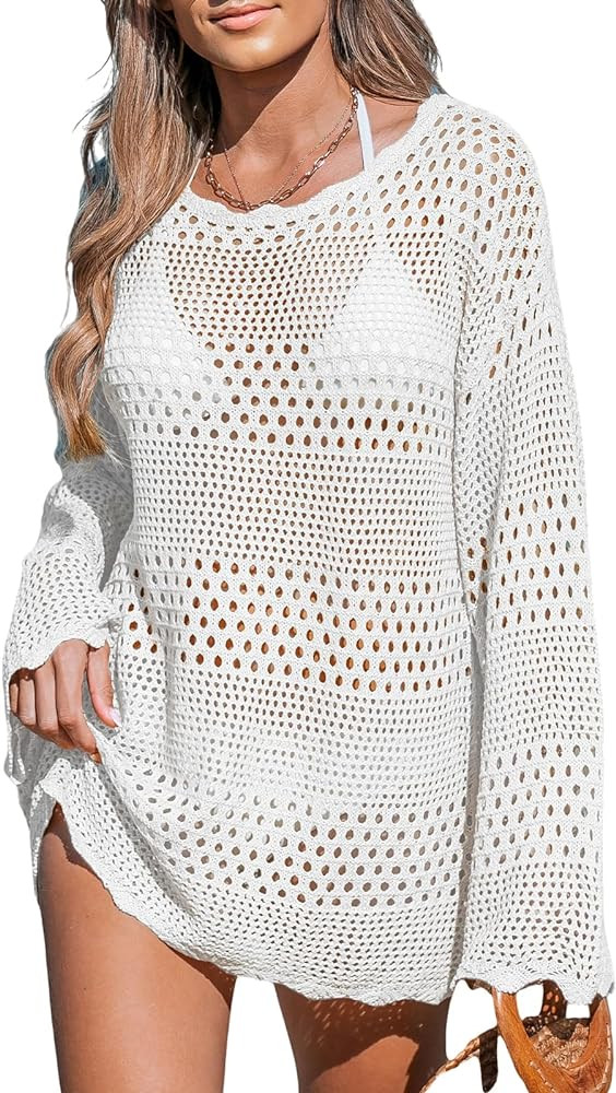 CUPSHE Women's Swimsuit Cover Up Crochet Bathing Suit Mesh Swimwear Knit Pullover Beach Dress | Amazon (US)