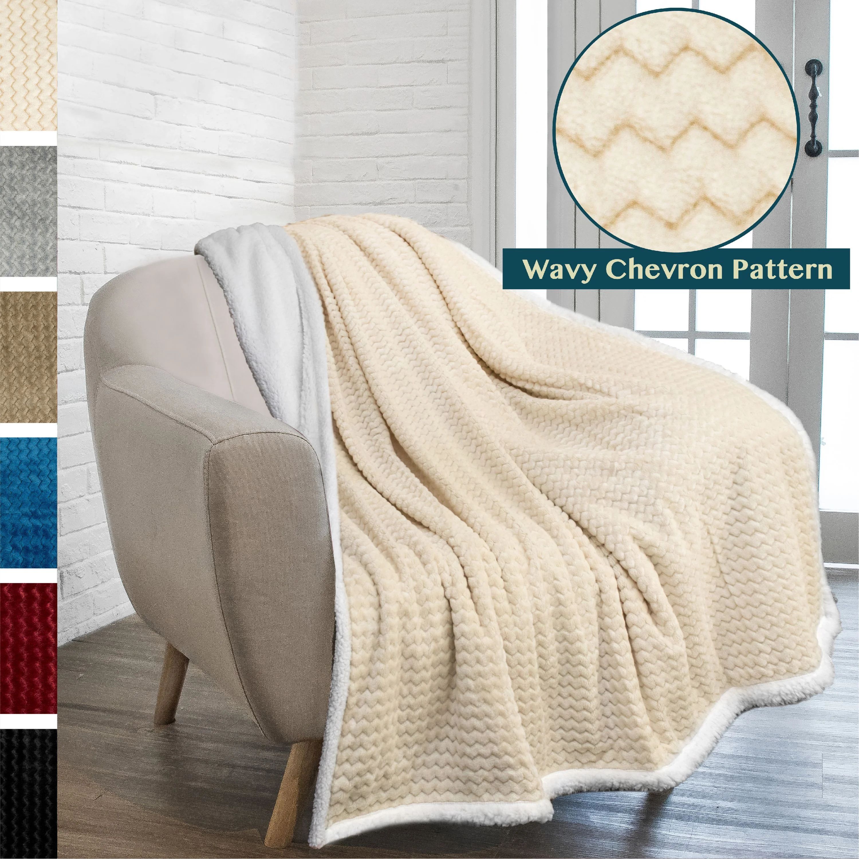 PAVILIA Premium Chevron Sherpa Throw Blanket | Soft Reversible Beige Fleece Blanket Throw | Plush... | Walmart (US)