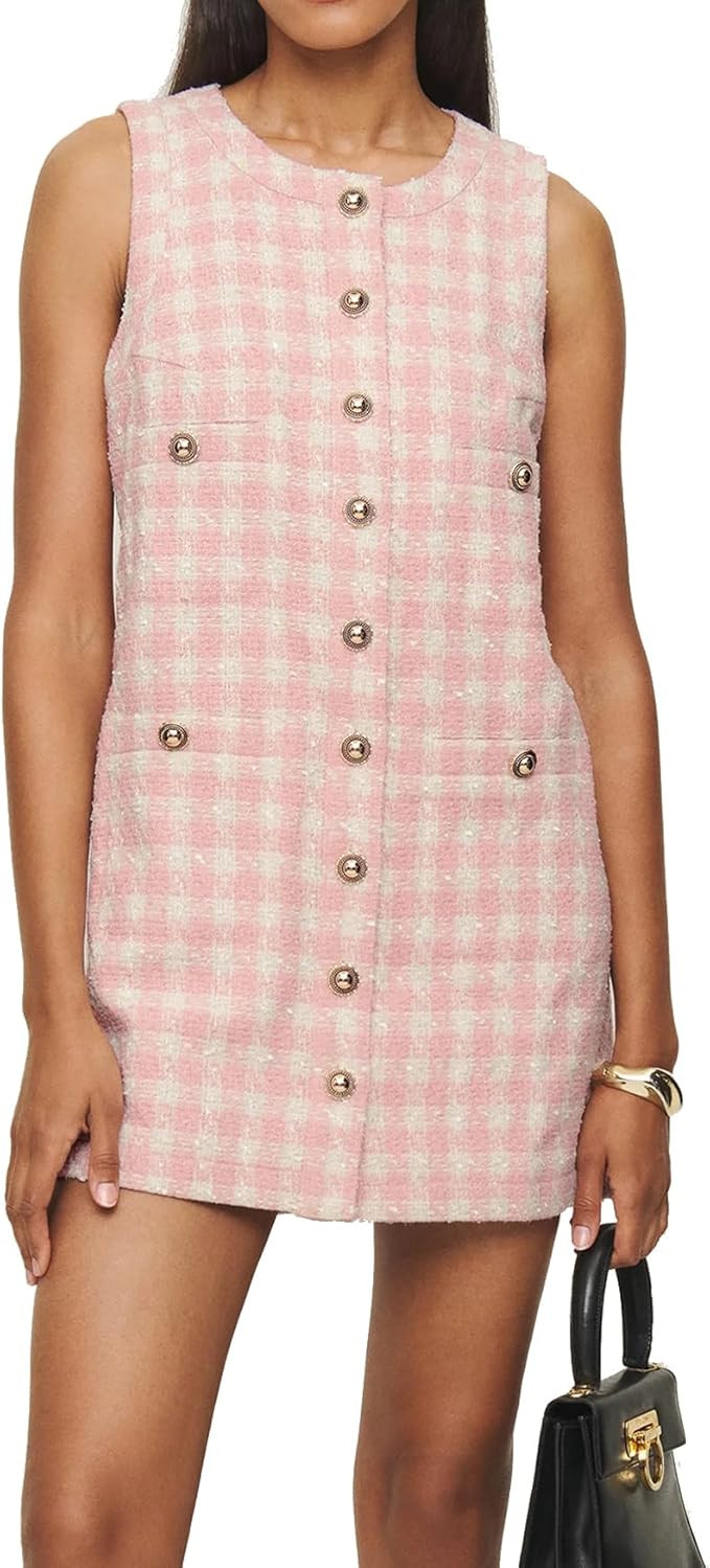 Women's Plaid Tweed Tank Dress Sleeveless Bodycon Jackie O Dresses Crew Neck Elegant Button Down ... | Amazon (US)