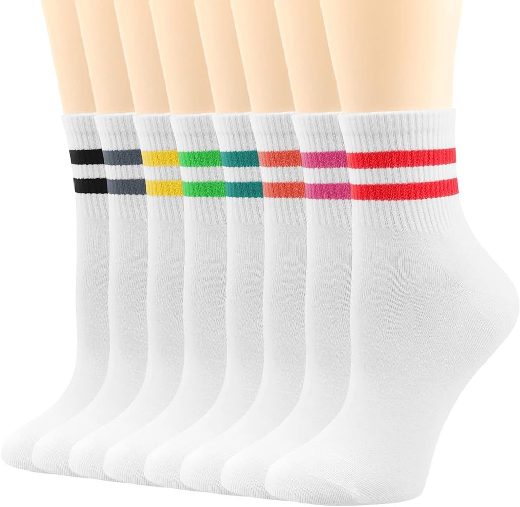 BIVOLU Womens Crew Socks Cotton Running Athletic Socks Casual Cute Striped Sports Ankle Socks for... | Amazon (US)