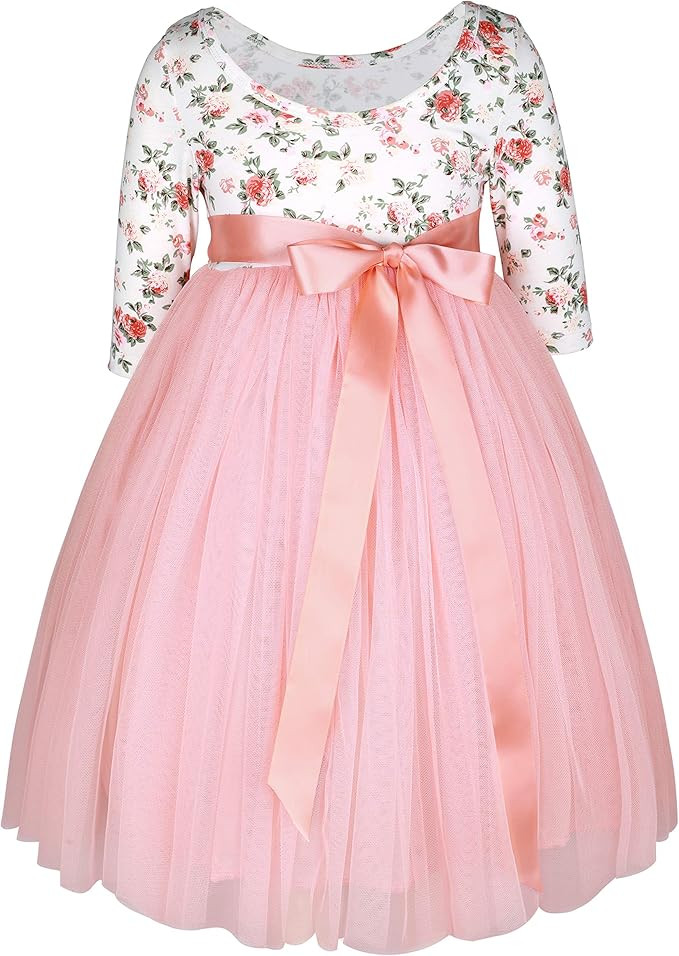 Flofallzique Girls Tea Party Dress Long Sleeves Maxi Tulle Wedding Easter Toddler Floral Dress | Amazon (US)