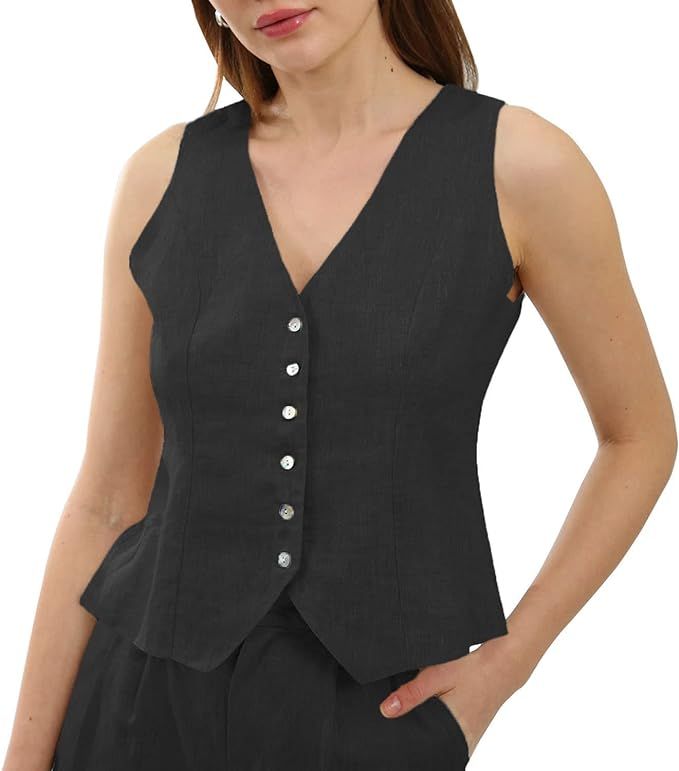 Amazhiyu Womens Pure Linen Sleeveless Button Down Crop Top V Neck Waistcoat Vest | Amazon (US)