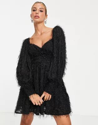 ASOS DESIGN fluffy mini dress with ruched bust and shirred cuffs in black | ASOS (Global)