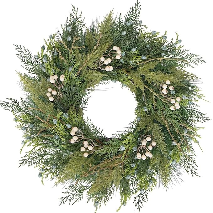 24” Green Faux Pine Christmas Winter Wreath with Cypress Cone, Twig & White Berry – Mixed wit... | Amazon (US)