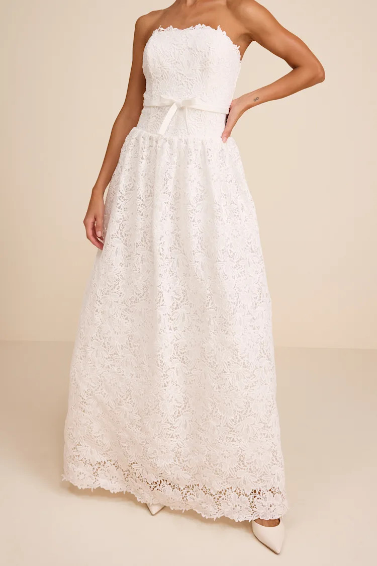 Gabby White Crochet Lace Strapless Maxi Dress | Lulus