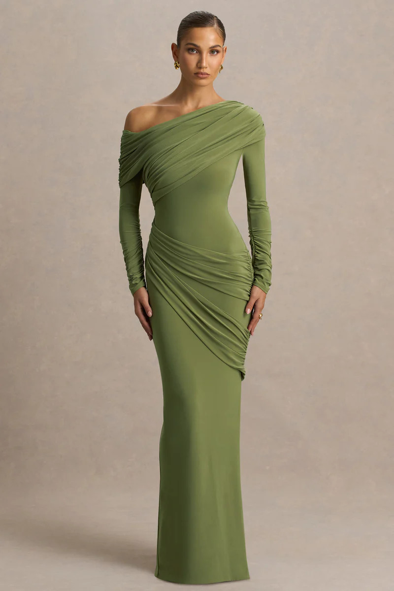 Perrie  Olive Asymmetric-Neck Maxi Dress With Ruched Detailing | Club L London