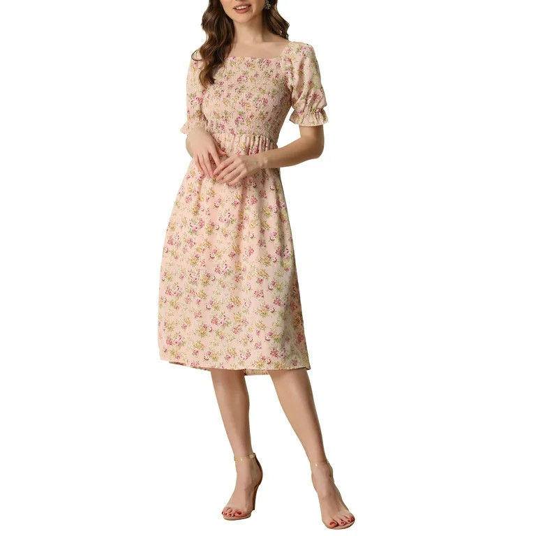 Allegra K Women's Smocked Floral Square Neck Short Puff Sleeve Summer Midi Dress | Walmart (US)