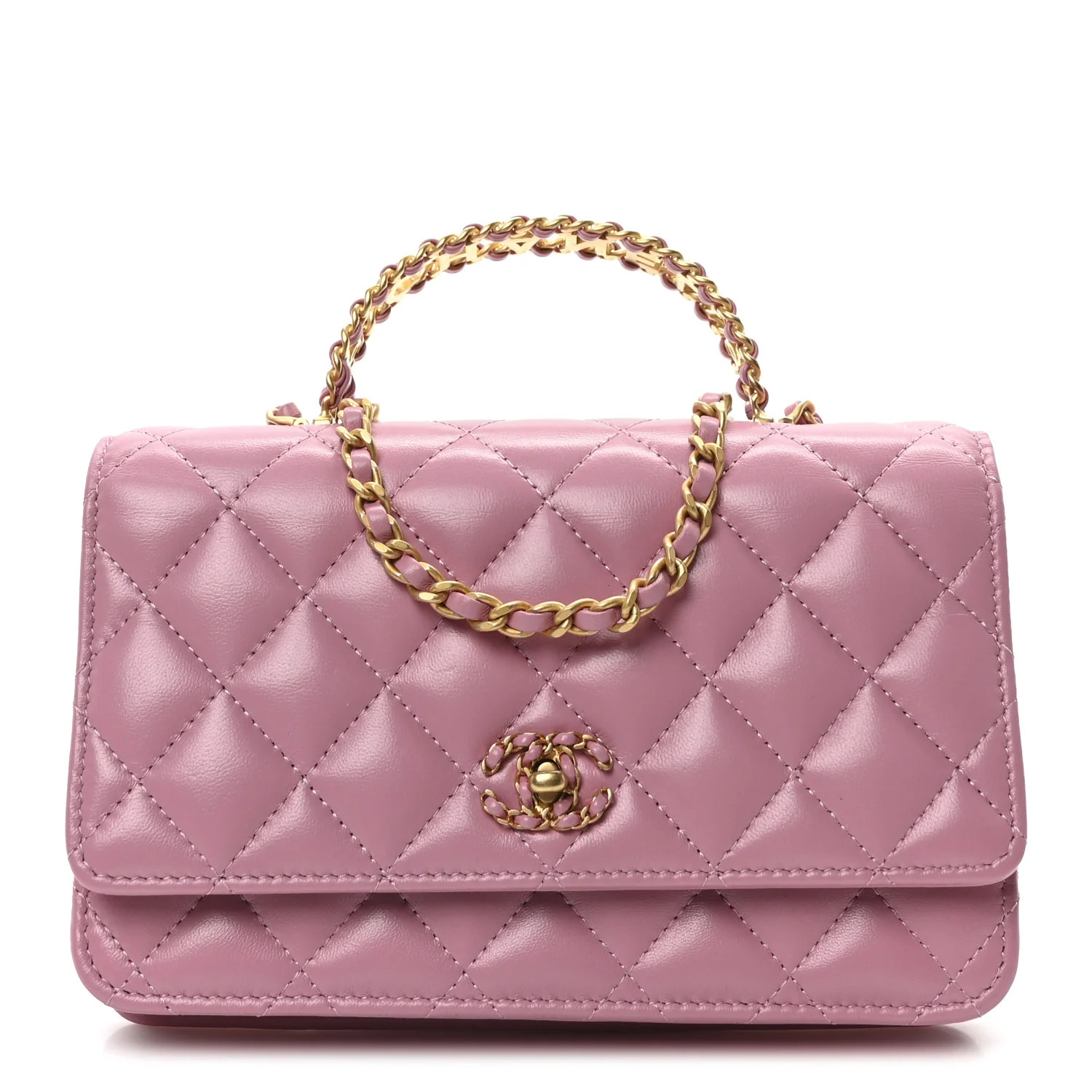 Lambskin Quilted Strass On Top Wallet On Chain Pink | FASHIONPHILE (US)