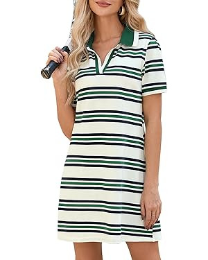 YEXPINE Women's Striped Polo Dress Short Sleeve V Neck 2026 Summer Casual Mini Dress Green at Ama... | Amazon (US)