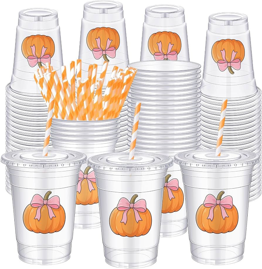Sliner 25 Pcs Fall Pumpkin Cups with Straws, Pink Bow Pumpkin | Amazon (US)