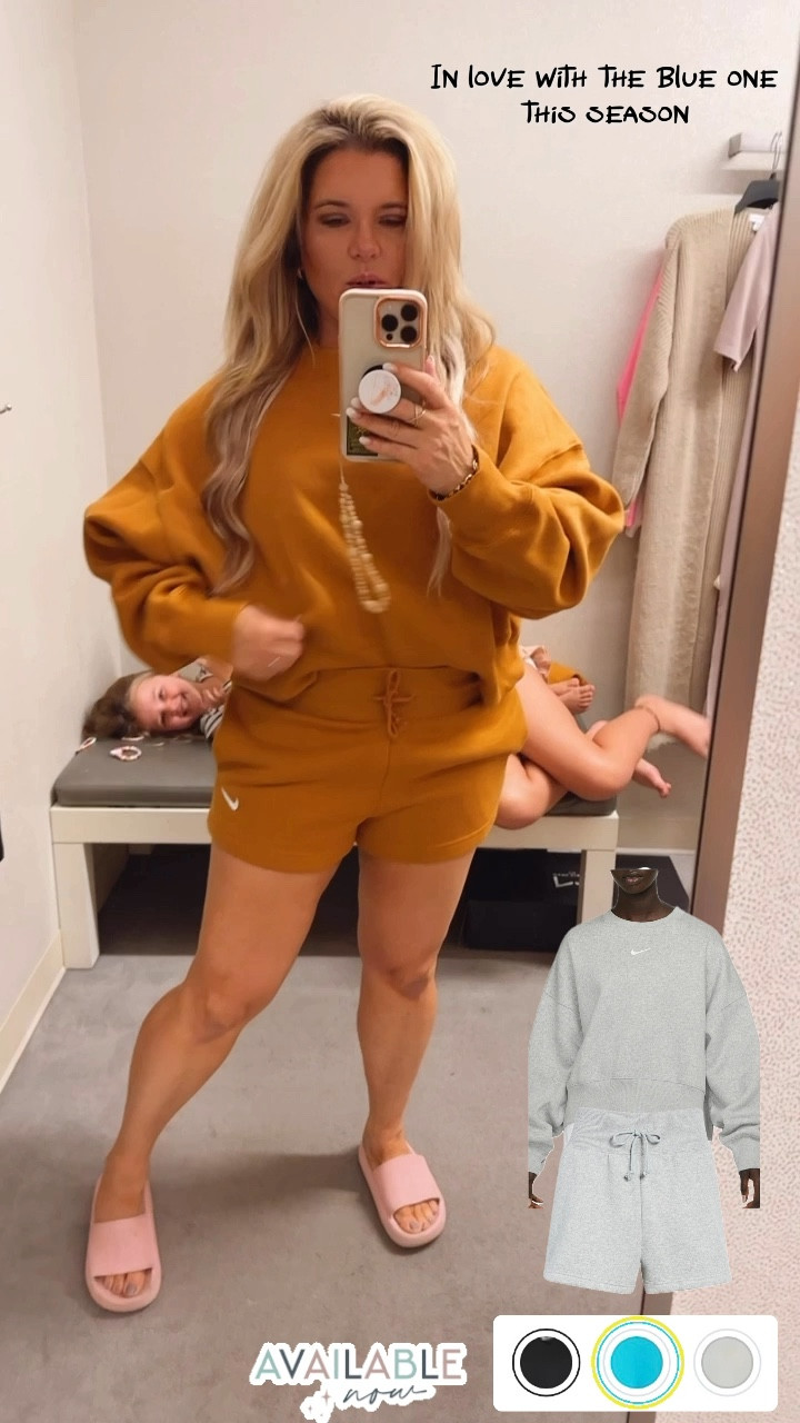 Popular Nike Set! Love this sweatshirt and shorts to run errands, pick the kids up at school. 
Some colors still in stock. Love the blue oneBlu

#LTKOver40 #LTKxNSale #LTKActive