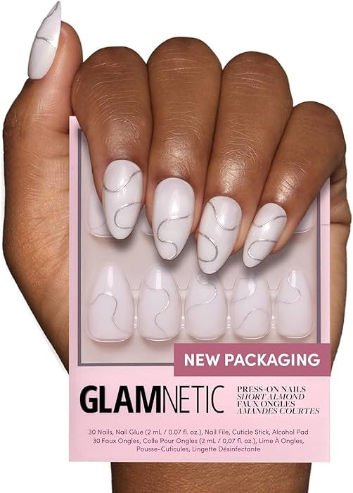 Glamnetic Press On Nails - Silent Night | Short Almond White Nails with 3D Silver Foil in a Gloss... | Amazon (US)