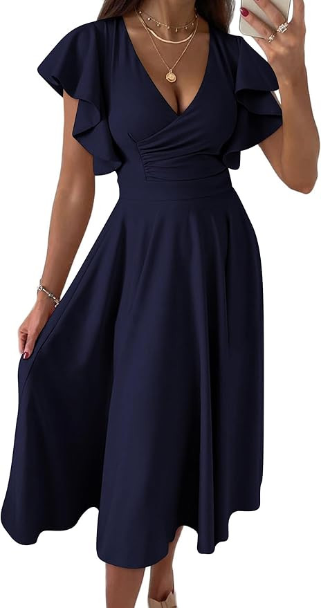 PRETTYGARDEN Womens 2024 Summer Midi Dress Ruffle Cap Sleeve V Neck Swing A Line Cocktail Party D... | Amazon (US)