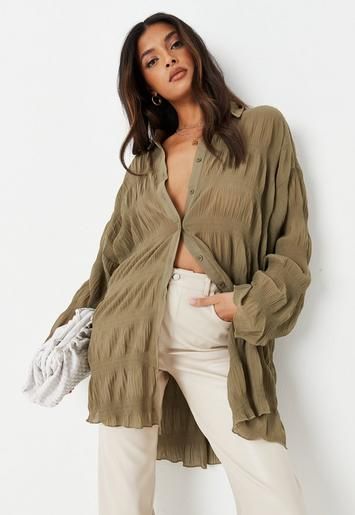 Missguided - Tall Khaki Crinkle Sheer Oversized Shirt | Missguided (US & CA)