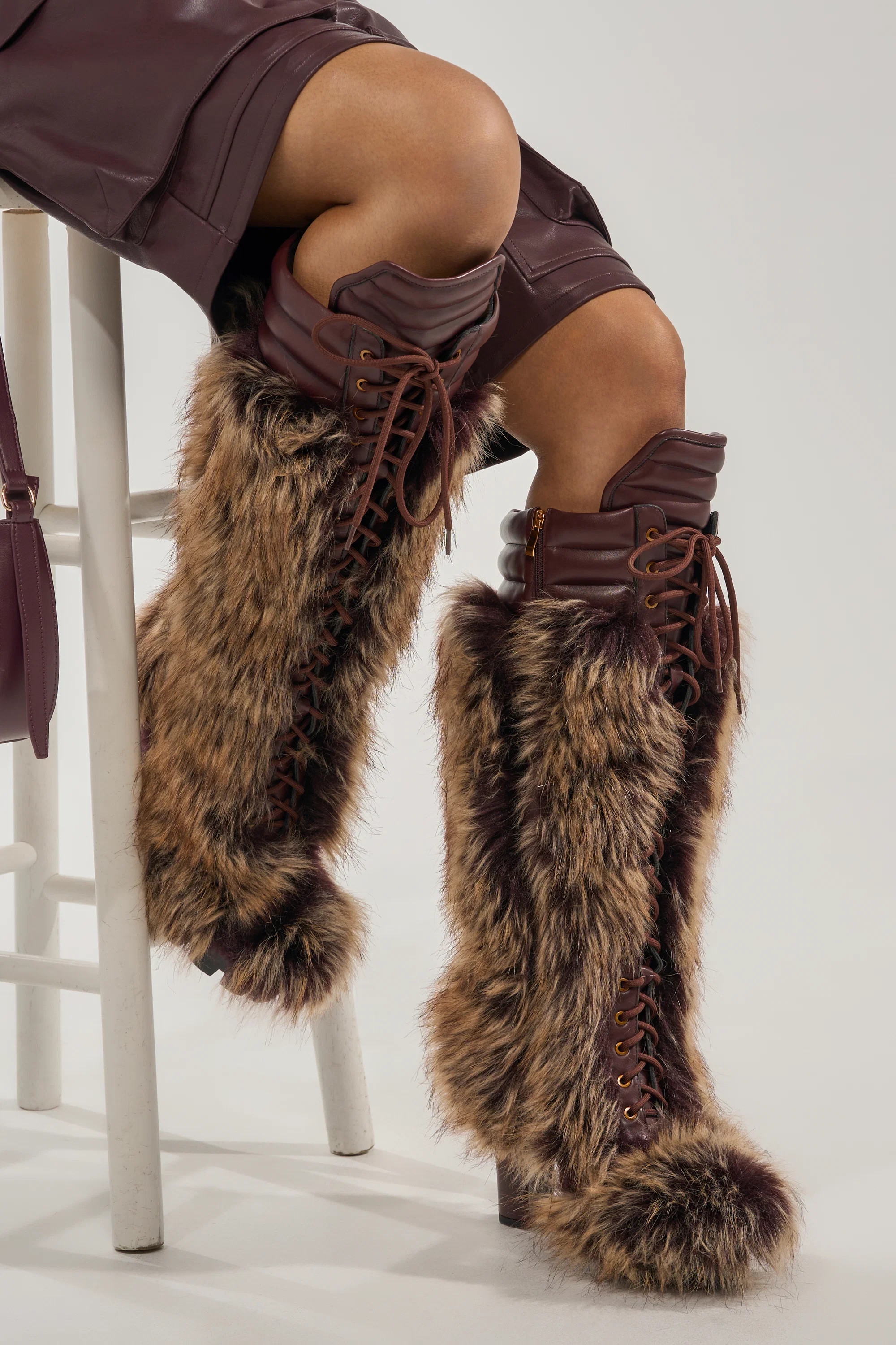 AKIRA Azalea Wang Heartbeat Multi Block Fur Boot | Brown | Size 7.5 | AKIRA