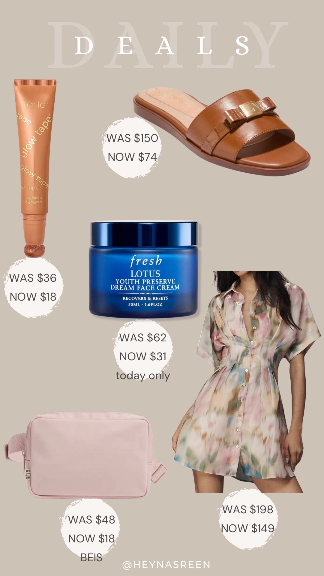 Daily deals on Tarte glow tap, Cole Haan sandals, Fresh face cream, Anthropologie dress, Beis belt bag 