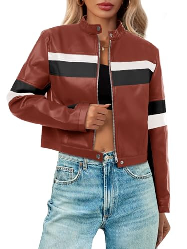 Tankaneo Womens Cropped Moto Biker Jackets Faux Leather Bomber Jacket Color Block Vintage Racing ... | Amazon (US)