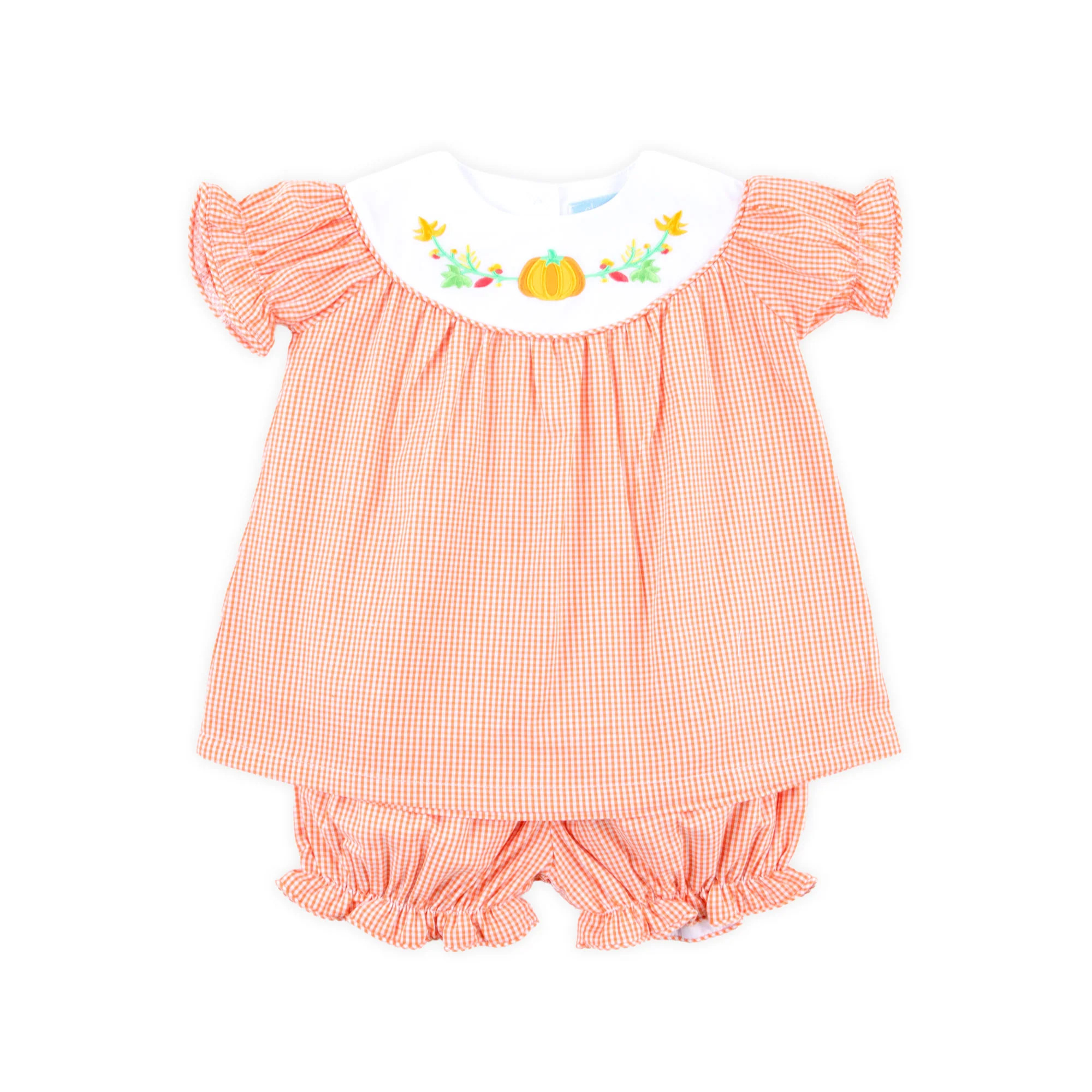 Fall Pumpkin Orange Gingham Yoke Bloomer Set | Classic Whimsy