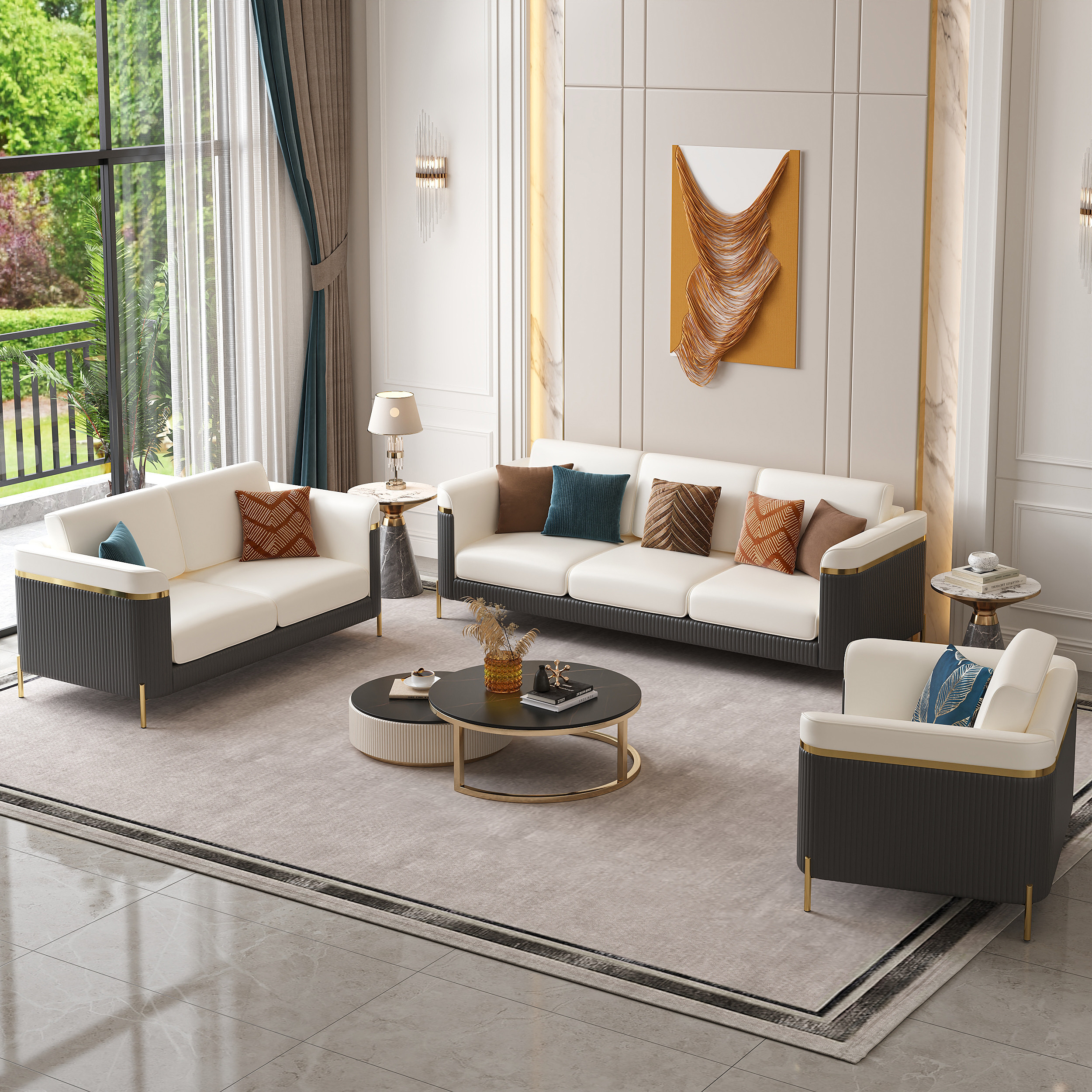 3 PCS Vertex Sofa Set with Chair Modern Beige Living Room Sofa Set with Cushion | Homary