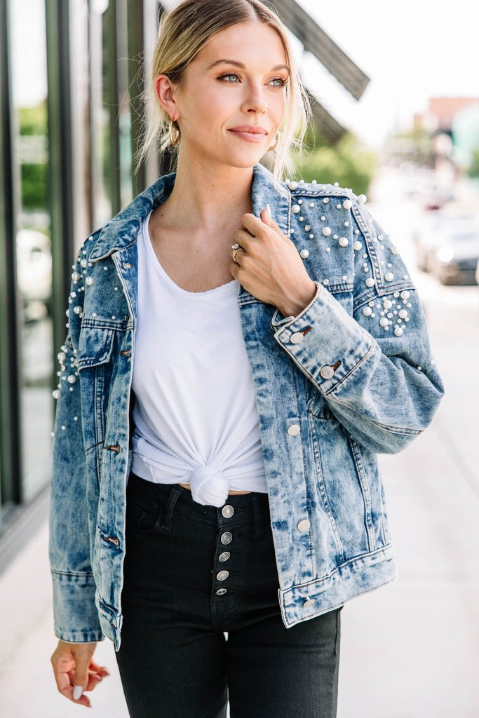 Back In Town Medium Wash Embellished Denim Jacket | The Mint Julep Boutique