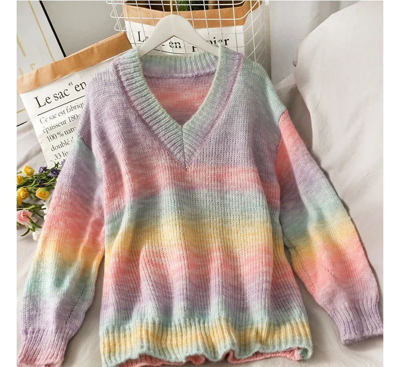 V Neck Striped Rainbow Colors Knitted Sweater Jumper Long Sleeve | Etsy (CAD)