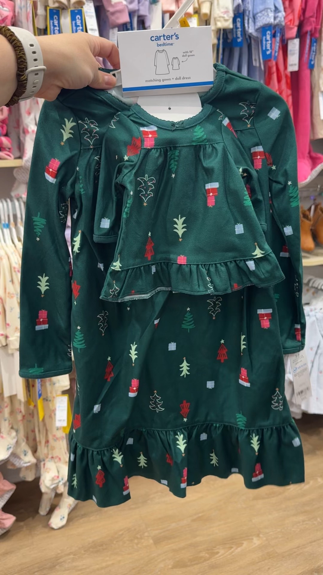 If you remember a few weeks back, we gave the girls each a new baby doll with their own doll sized Halloween costume costumes. I was so excited to find this Christmas matching nightgown set with a doll sized nightgown !! Ah I’m obsessed. 