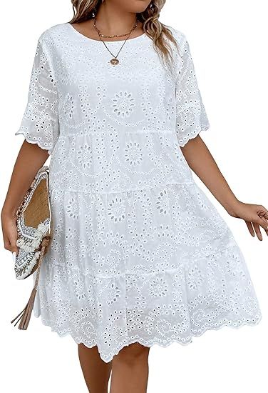 MakeMeChic Women's Plus Size Eyelet Short Sleeve Summer Dress Crew Neck Schiffy Smocked Dress | Amazon (US)
