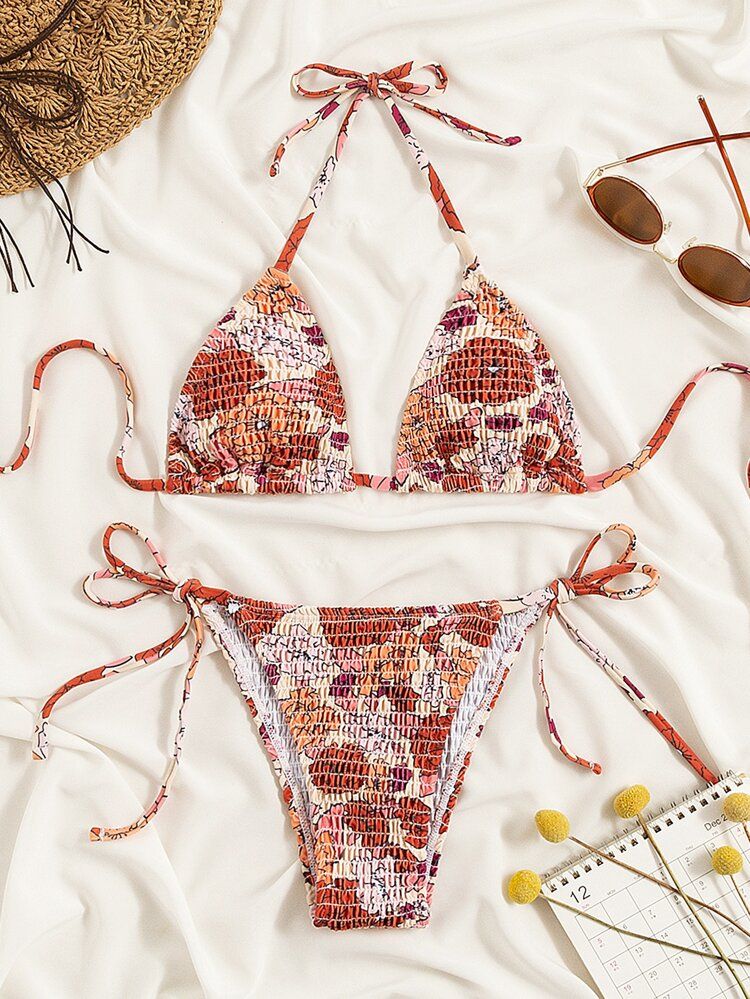 Floral Print Smocked Triangle Bikini Swimsuit | SHEIN