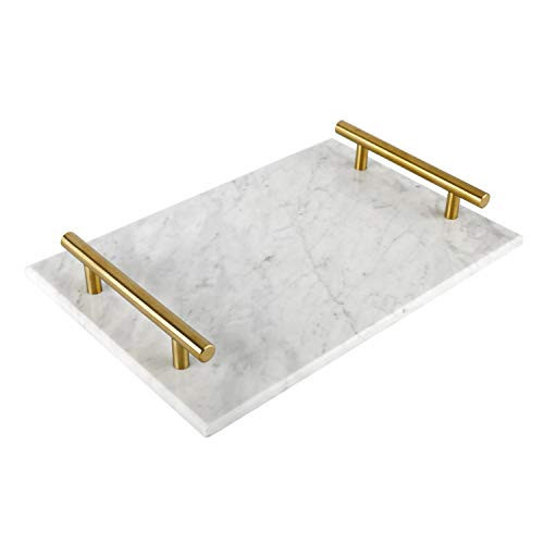 HighFree Marble Stone Decorative Tray, Handmade Nightstand Tray with Copper-Color Metal Handles for Counter, Vanity, Dresser, Nightstand and Desk (White) | Amazon (US)