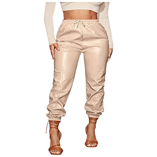 Leather Pants for Women High Waisted Pleather Pants Oversized Pu Leather Pants Stretchy Leather Joggers Shiny Leather Pants Khaki | Amazon (US)