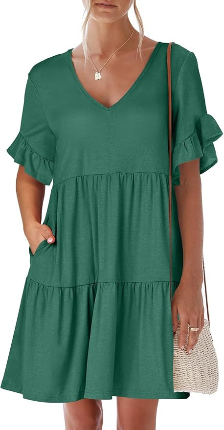 ANRABESS Dresses for Women Summer 2025 V Neck Ruffle Sleeve A Line Tiered Flowy Casual Trendy Min... | Amazon (US)