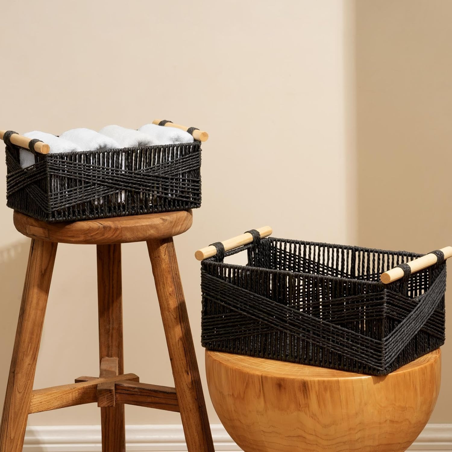 LA JOLIE MUSE Wicker Storage Baskets for Organizing, Recyclable Paper Rope Basket with Wood Handl... | Amazon (US)